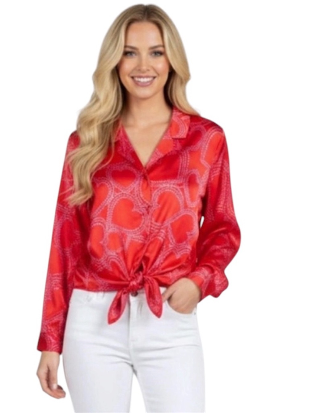 Bailey 44 Red & Pink Heart-Print Tie-Front Button Down Blouse